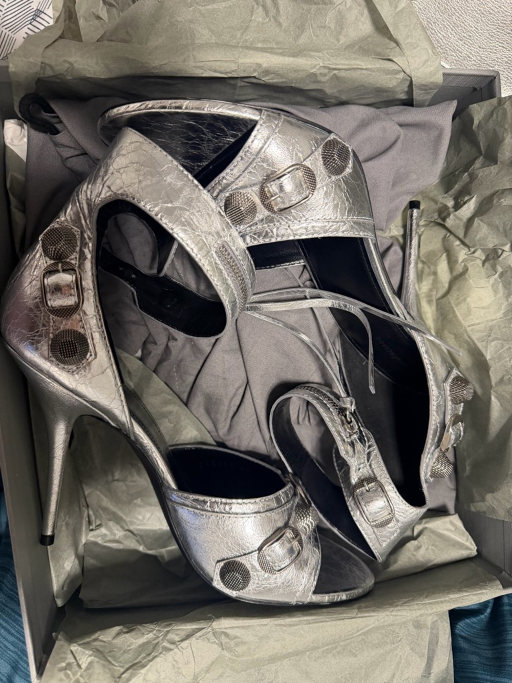 Balenciaga Silver Metallic Strappy High Heel Sandals